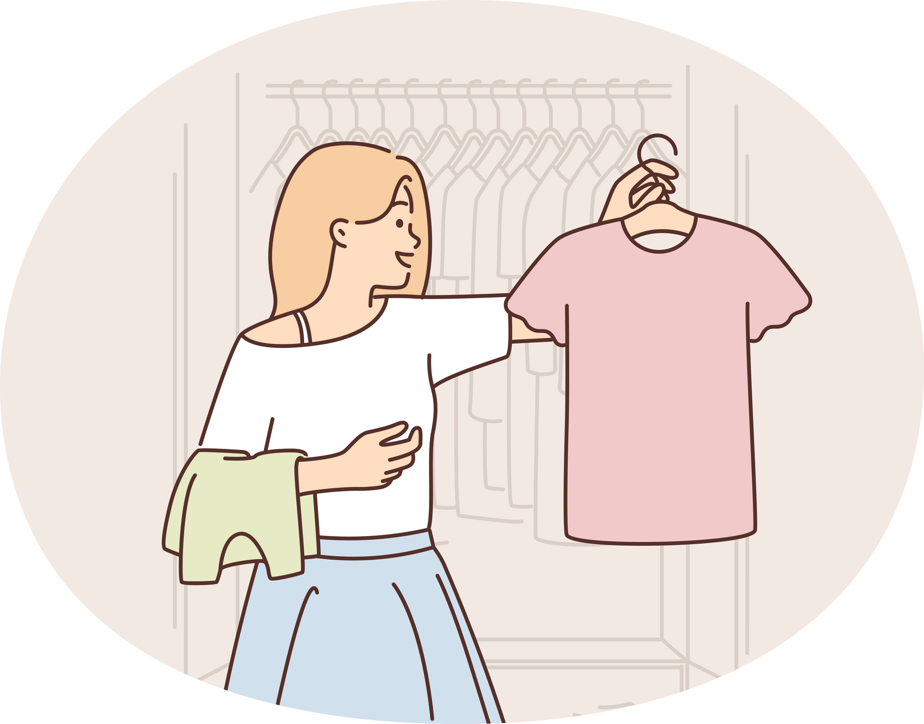 Woman chooses clothes from wardrobe going to party or sorting out t-shirts for thrift store. Girl visitor to clothing store for low-income people stands near hanger filled with clothes.